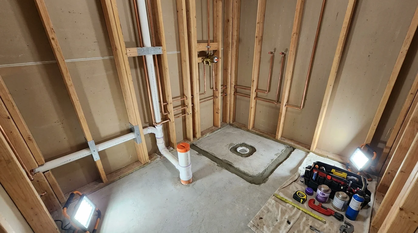 Bathroom rough-in plumbing during remodel by Johns Plumbing LLC in Ackley