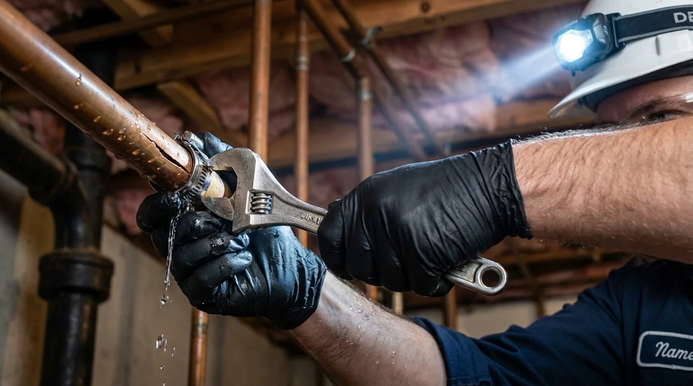 Emergency pipe clamp repair being performed by a Johns Plumbing LLC plumber in Ackley