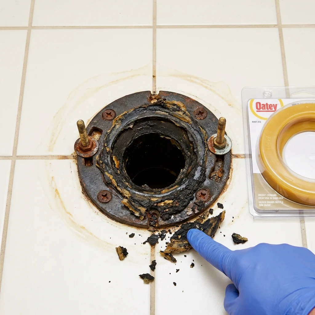 Failed wax ring showing water seepage at the base of a toilet in a Ackley, IA home