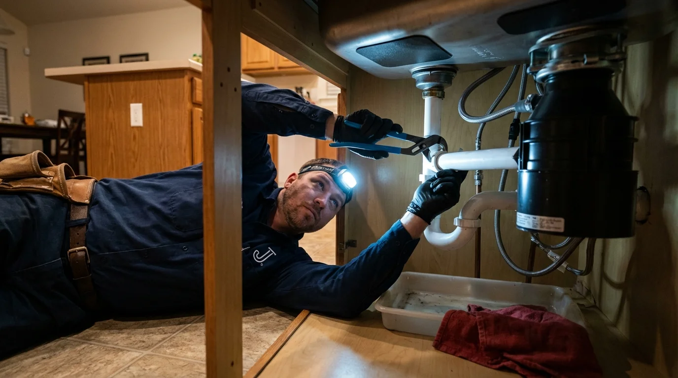 P-trap and supply line connections under a kitchen sink showing a common leak point in Ackley, IA